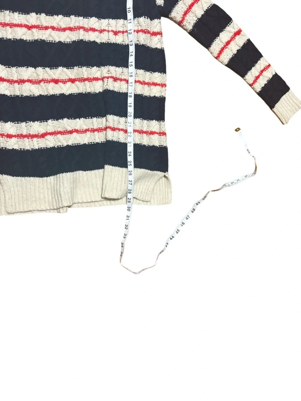 J.Crew Striped Cable Knit Nautical Tunic Sweater Navy Cream Red Small Merino